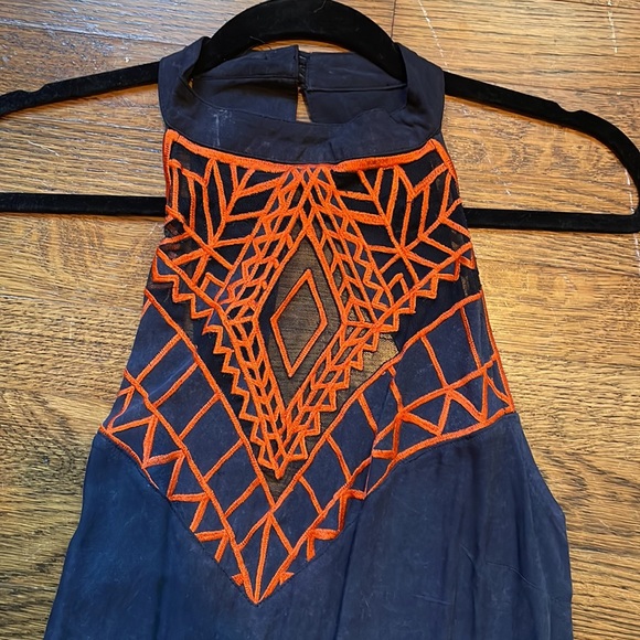 Free People Open Back Black Dress with Orange Mesh Detailing at Top Size Small - Picture 3 of 6